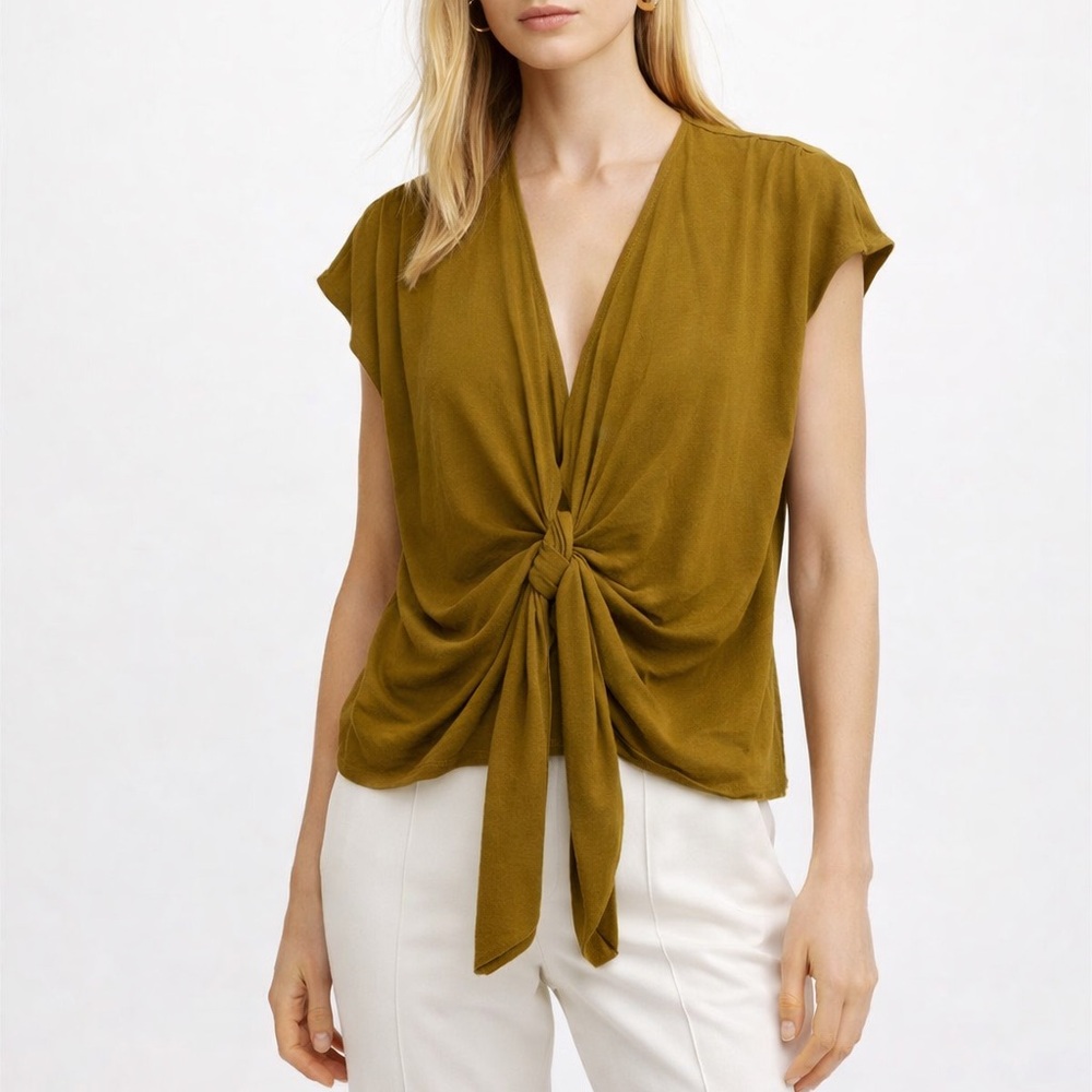 Zara Olive Tie-Front Cap Sleeve Blouse